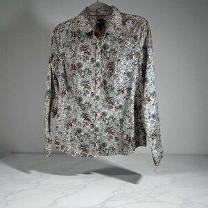 Talbots Women Equestrian Horse Print Long Sleeve Button Down Shirt Top Sz 10-M